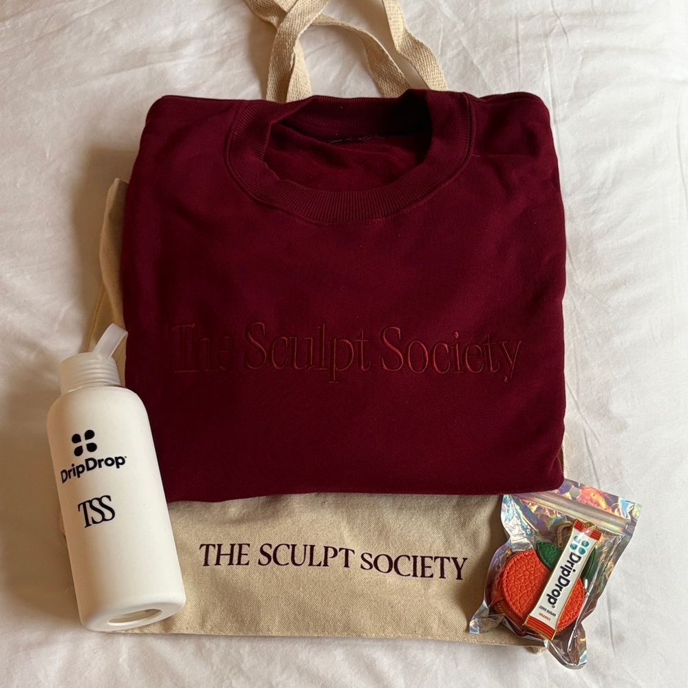 The Sculpt Society Core Crew Maroon Sweatshirt, Water Bottle, and Tote Bag